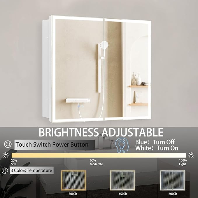 32 x 26 Inch Lighted Medicine Cabinet with 2-Side LED Mirror & Electrical Outlet, 3 Color Lights Dimmable Tempered Glass Frontlit Anti-Fog UL Listed Recessed Wall Mount for Bathroom Storage