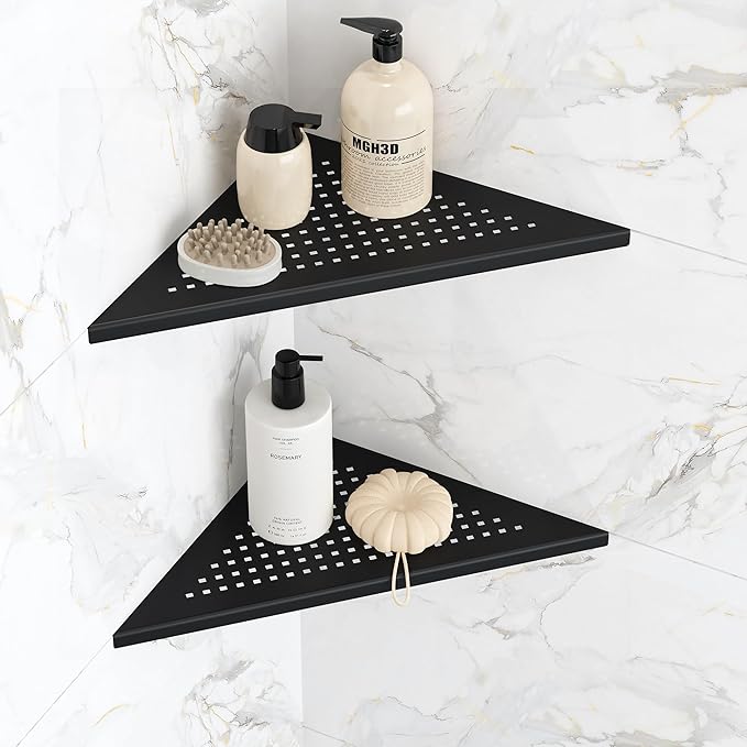 Qeke Corner Shower Shelves, 10” Recessed Tile Shower Shelf Matte Black, 304 Stainless Steel Grout in Corner Tile Bathroom Shelves, No Drilling, 2 Pack