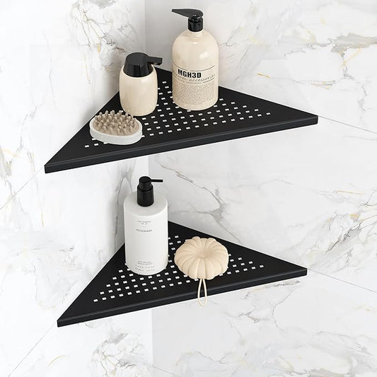 Qeke Corner Shower Shelves, 10” Recessed Tile Shower Shelf Matte Black, 304 Stainless Steel Grout in Corner Tile Bathroom Shelves, No Drilling, 2 Pack