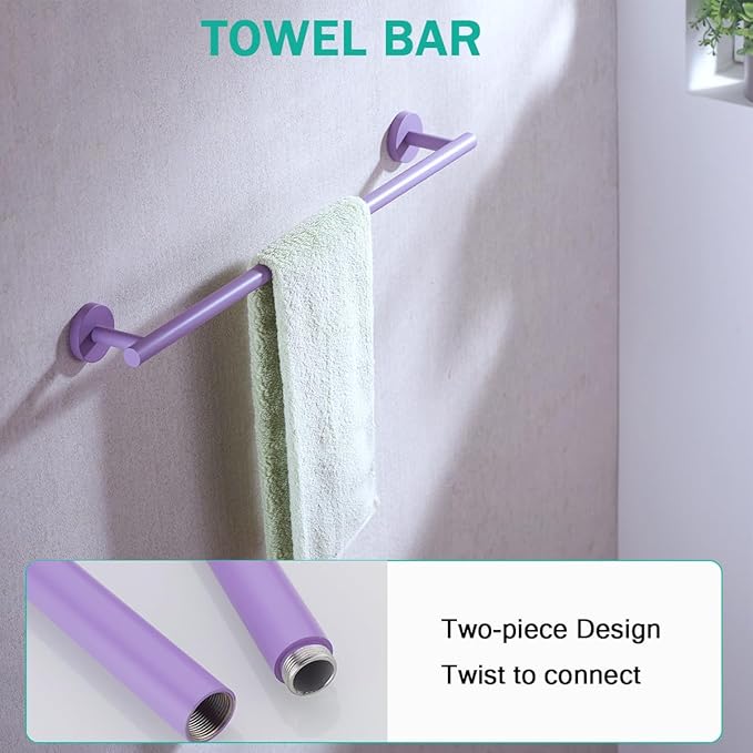 Bathroom Accessories Set,Purple 5 Pieces Bathroom Hardware Set,24 inch Towel Bar,Towel Ring for Bathroom,Robe Towel Hooks,Toilet Paper Holder Wall Mounted(Drilling),SE96006S-5PP