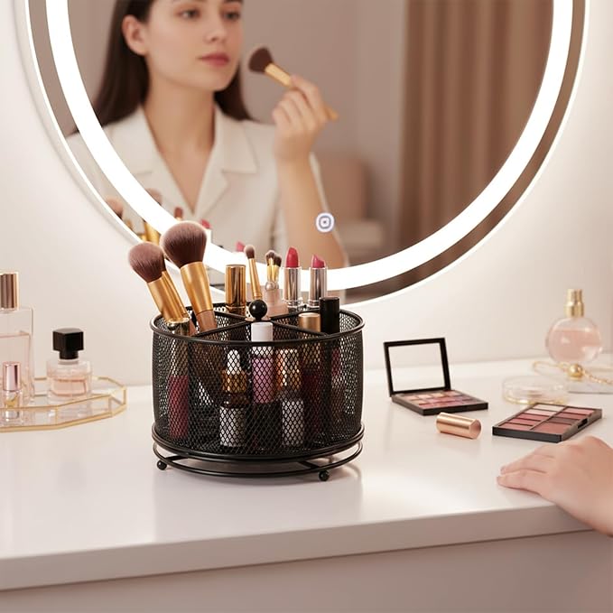 360° Rotating Makeup Brush Holder, Metal Perfume Organizer, 4 Compartments Desk Storage, Makeup Organizer Countertop for Vanity, Desktop, Bathroom, Black