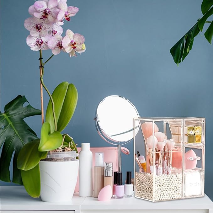 Acrylic Makeup Brush Holder with Lid - Cosmetics Storage Display Case - Clear Cosmetic Makeup Brush Organizer and Storage Box with Cover for Vanity (Style 1)