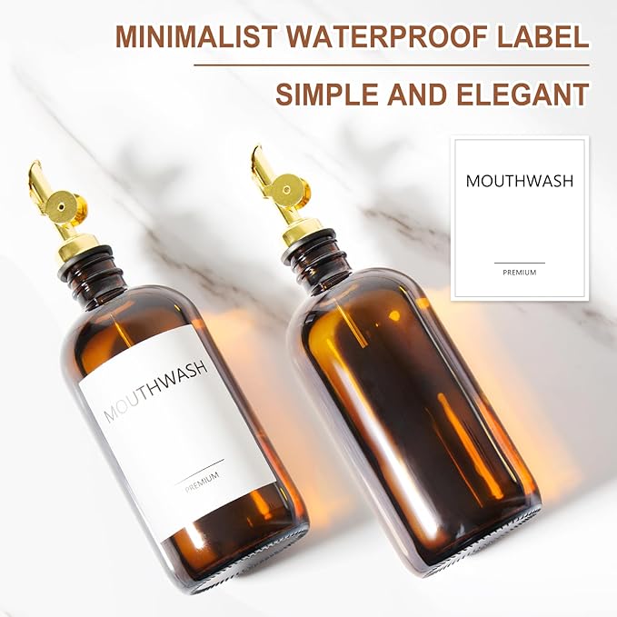 Mouthwash Dispenser for Bathroom, Glass Mouthwash Dispenser with Cup, Mouth Wash Container Bottle with Cup, Refillable Mouthwash Decanter, Amber, 2 Pack, 17oz