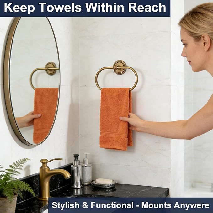 4-Pieces Antique Brass Gold Bathroom Accessories Set, Adjustable Towel Bar Fits 13.2”-24.6” Centers, Oval Towel Ring, Robe Hook, Toilet Paper Holder, Towel Racks for Bathroom Wall Mounted Hardware Set