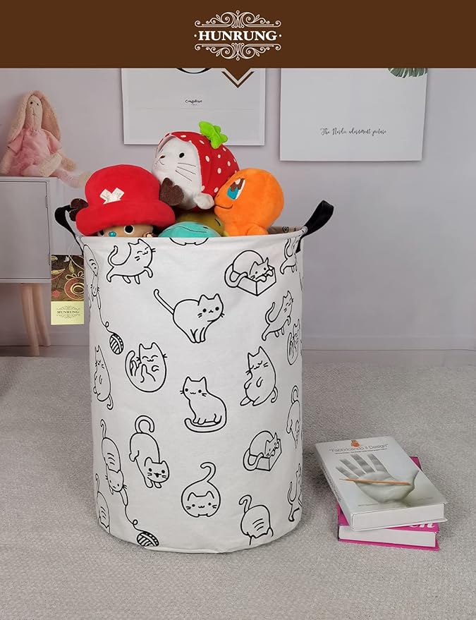 HUNRUNG Laundry Hamper,Large Canvas Fabric Lightweight Storage Basket Toy Organizer Dirty Clothes Collapsible Waterproof for College Dorms, Children Bedroom,Bathroom???Round cat???