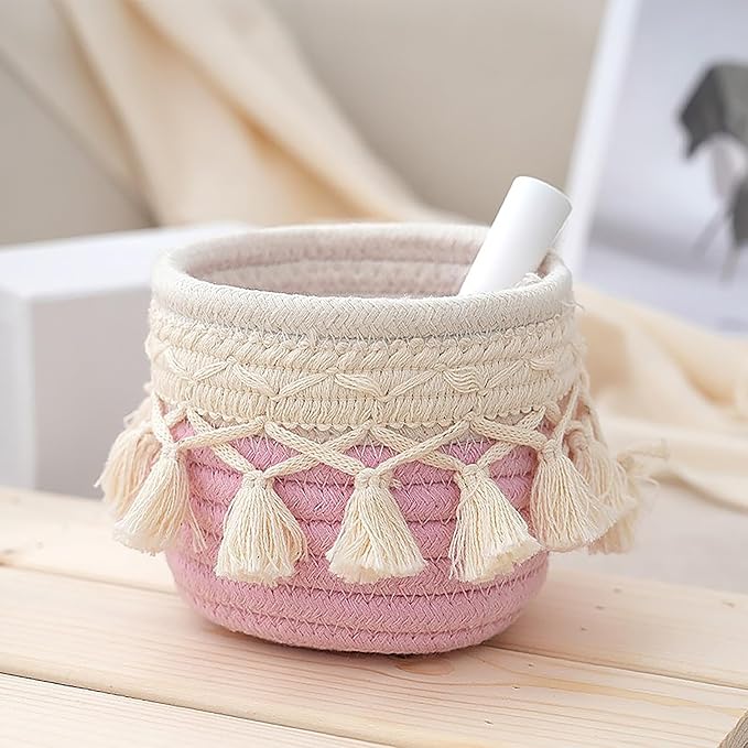 MSUIINT Macrame Makeup Brush Holder Organizer, Brushes Mini Storage Basket, Hand Woven Cotton Rope Basket, Boho Decor Baskets for Comb Cosmetics Pen Pencil Container (D)