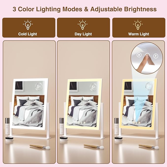ViKert Vanity Mirror with Lights,Makeup Mirror with 5X Magnification Mirror, Light up Desk Mirror, Led Mirror for Desks, Makeup Vanity Mirror, 3 Color, Touch Control