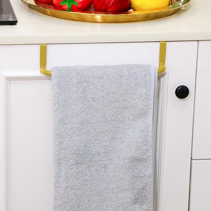 2 Pieces Metal Towel Bar Kitchen Cabinet Steel Towel Rack Bar for Hanging on Inside or Outside of Doors, Home Kitchen Bathroom(Gold)
