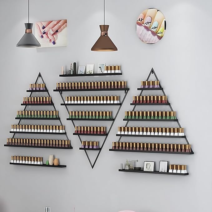 Wall-Mounted Nail Polish Rack, Set of 6 Triangular Blcak Nail Polish Shelf 5-Tier Lipstick Perfume Cosmetic Display Shelf for Home Spa Nail Salon Shop