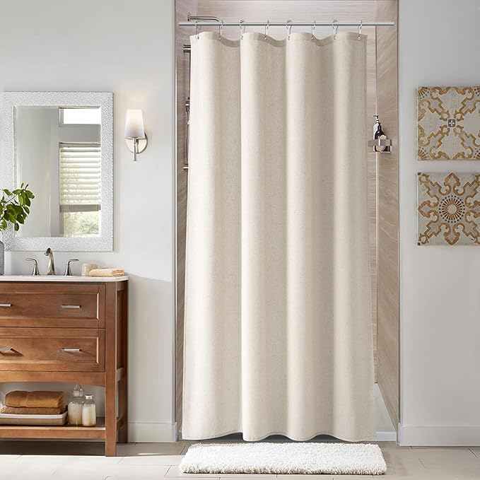 Naturoom 48 Inch Shower Curtain - Stall Narrow Half Green Linen Ultra Thick Fabric Shower Curtains Set with Hooks, Boho Farmhouse Rustic RV Camper Bath Curtains for Bathroom, Light Tan, 48x72