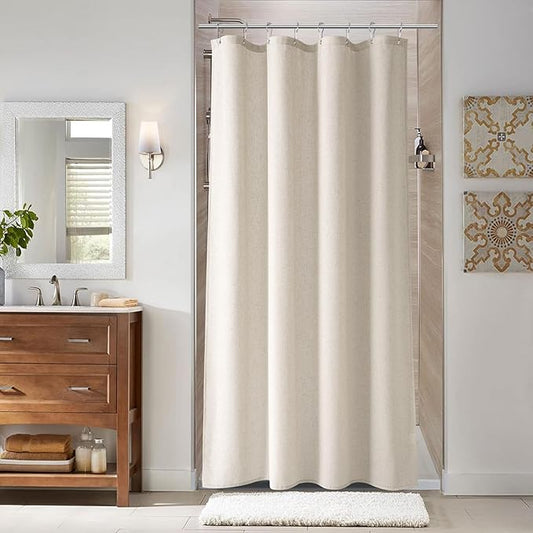 Naturoom 48 Inch Shower Curtain - Stall Narrow Half Green Linen Ultra Thick Fabric Shower Curtains Set with Hooks, Boho Farmhouse Rustic RV Camper Bath Curtains for Bathroom, Light Tan, 48x72