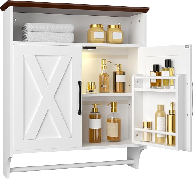 VECELO Bathroom Wall Cabinet with Motion Sensor LED Light, Farmhouse Medicine Cabinets with Open and Hidden Storage Space, Wall Mounted Storage Cabinet with Towels Bar for Bathroom, Kitchen, White