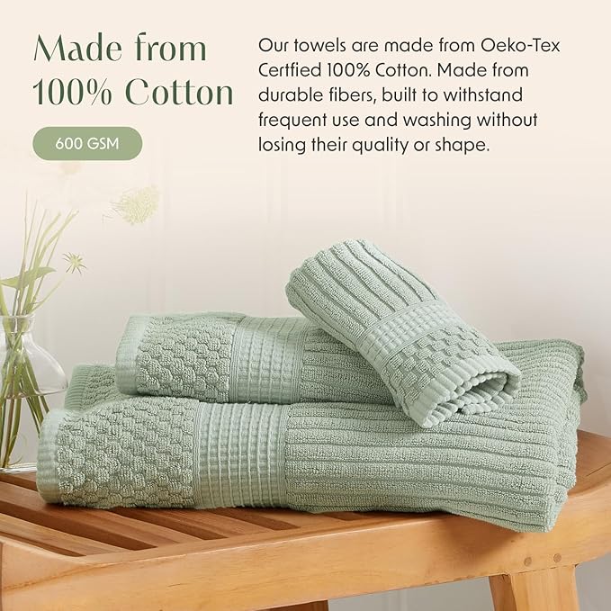 Springtree Home 100% Cotton Bath Towel Set | 6 Piece Set | Absorbent & Quick-Dry Bath Towels | Textured and Durable Cotton | Krista Collection - Eucalyptus
