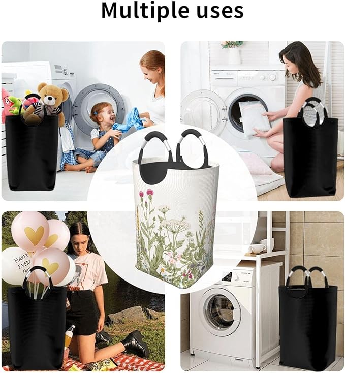 Vintage Floral Plants Laundry Basket Wild Flowers Herbs Foldable Collapsible Laundry Hamper with Handles Clothes Storage Bin 50L