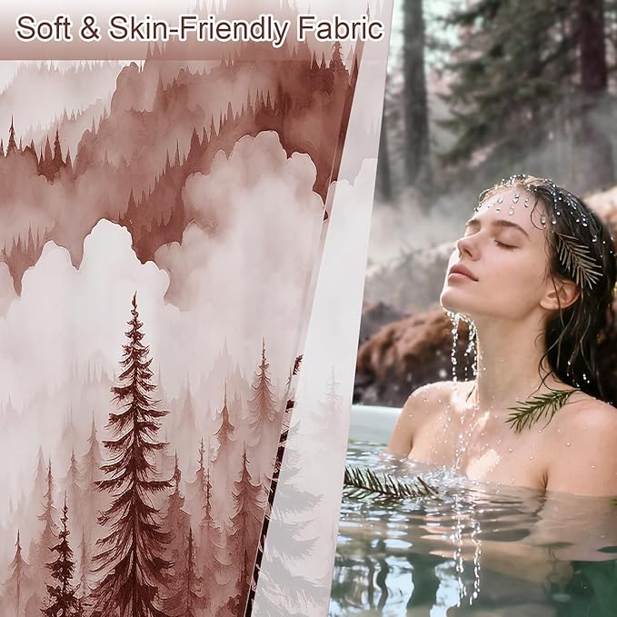 Burgundy Extra Long Misty Pine Forest Shower Curtain 72 x 84, XL Mountain Foggy Woodland Scenery Tree Shower Curtains for Bathroom, Abstract Waterproof Nature-Themed Decor