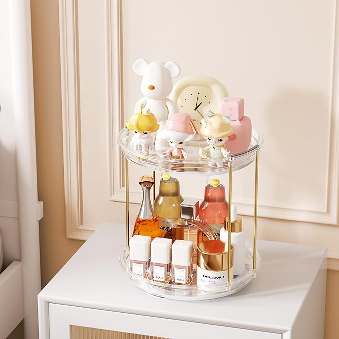 Delamu Rotating Makeup Organizer for Vanity, 2 Tier Skincare Organizer for Bathroom Counter, Spinning Perfume Organizer Cosmetic Holder with Large Capacity, Clear