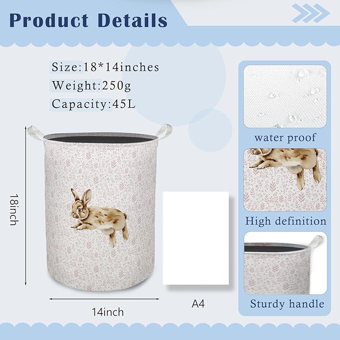 Pink Floral Bunny Laundry Basket Hamper, Bunny Nursery Decor, Pastel Wildflower Rabbit Foldable Clothes Toys Books Storage Box Bins Baskets Organizer for Girls Kids Bedroom Bathroom