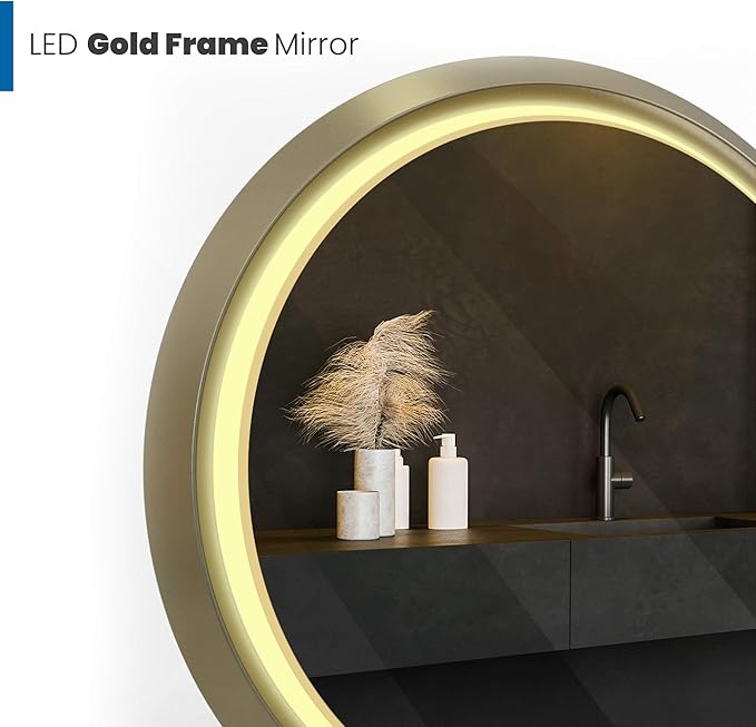 32 Inch Round LED Mirror for Bathroom, Gold Metal Frame Lighted Vanity Mirror with 3 Color Modes, Touch Dimmer - Anti-Fog Wall Mounted Circle Mirror with Lights - Fab Glass and Mirror