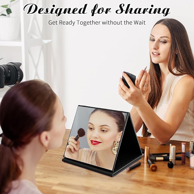 3 Way Foldable Full Length Mirror with Handle 31.89 x 11.22 Inches Leather Portable Camping Travel Hanging Folding Body Mirror for Makeup Dance Fitness Spa Hair Styling (Black,Classic)