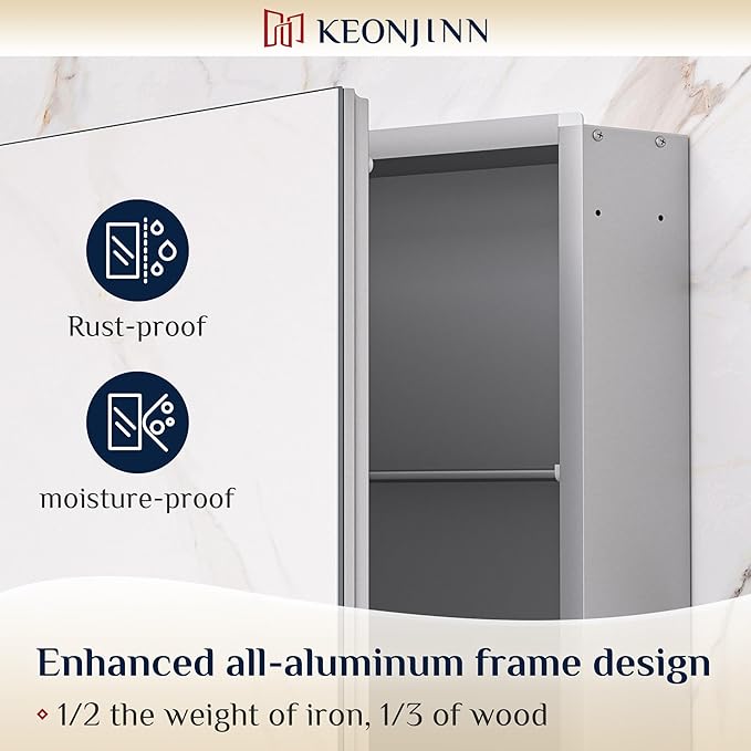 Keonjinn 36 x 24 Inch Bathroom Mirrored Medicine Cabinet, Lightweight Aluminum Structure, Freely Adjustable Shelves, Combined Assembly Needed, Surface Mount or Recessed Mirror with Storage