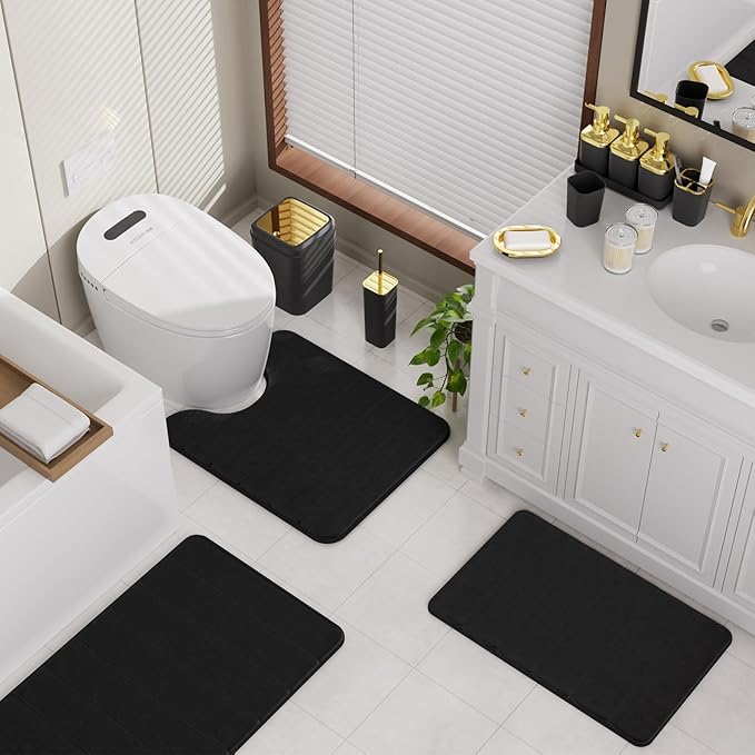Bathroom Set - 27PC Bathroom Sets with Shower Curtain and Rugs, Black Bathroom Set, Black Bathroom Accessories Set with Push-lid Trash Can, Toilet Brush & Soap Dispensers