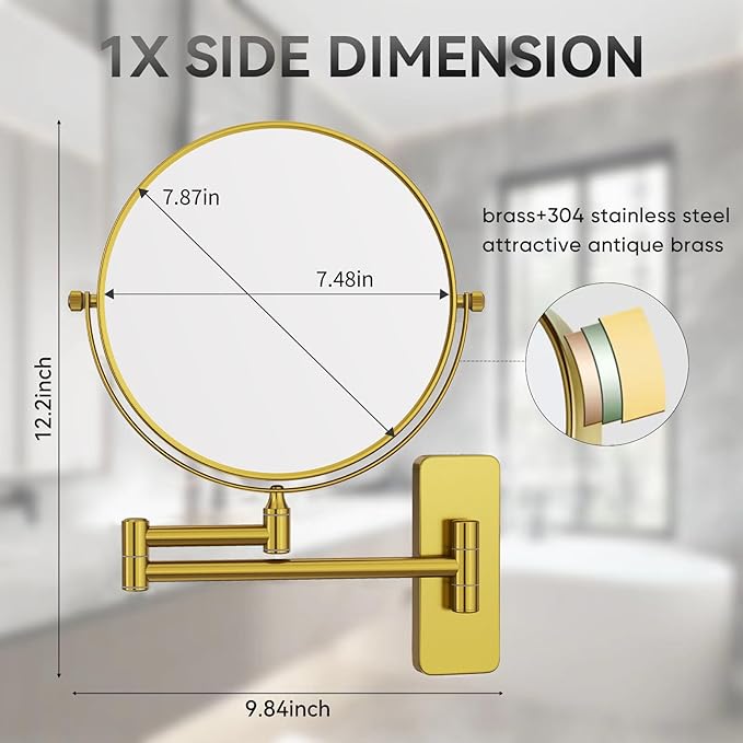Nicesail Brass Make up Mirror Wall Mounted,1X and 7X Double-Sided Magnifying Mirror Brass Vanity Mirror for Bathroom Wall Extendable Swivel, Antique Brass Finish (8 Inch, 7X)