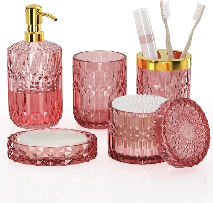 New Pink Glass Bathroom Accessories Set 5 Pcs, Pink Bathroom Set, Soap Dispenser and Toothbrush Holder Set, Qtip Holder Set, Vintage Bathroom Sink Set, Cute Bathroom Decor