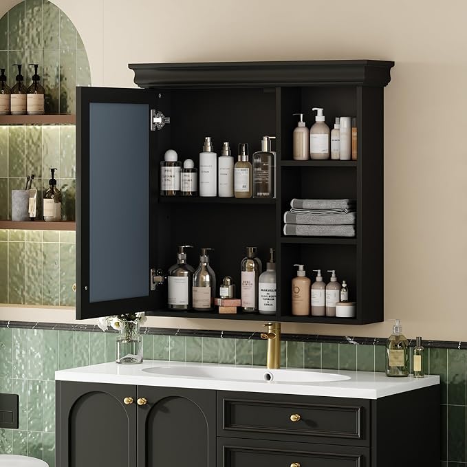 Merax Modern Bathroom Medicine Cabinet with Mirror, 30" x 28" Wall Mounted Medicine Cabinet with Storage and Open Shelves, Over The Toilet Mirrored Wall Storage