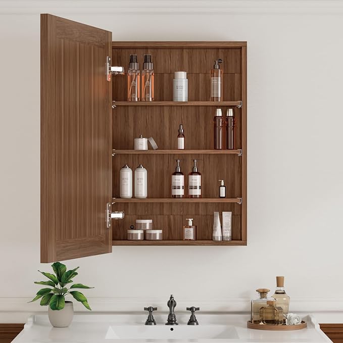 24 x 30 Inch Walnut Grain Medicine Cabinet with Mirror, Recessed or Wall-Mounted Wood Storage Cabinet for Bathroom, Adjustable Shelves, Soft-Close Hinges, Rectangle