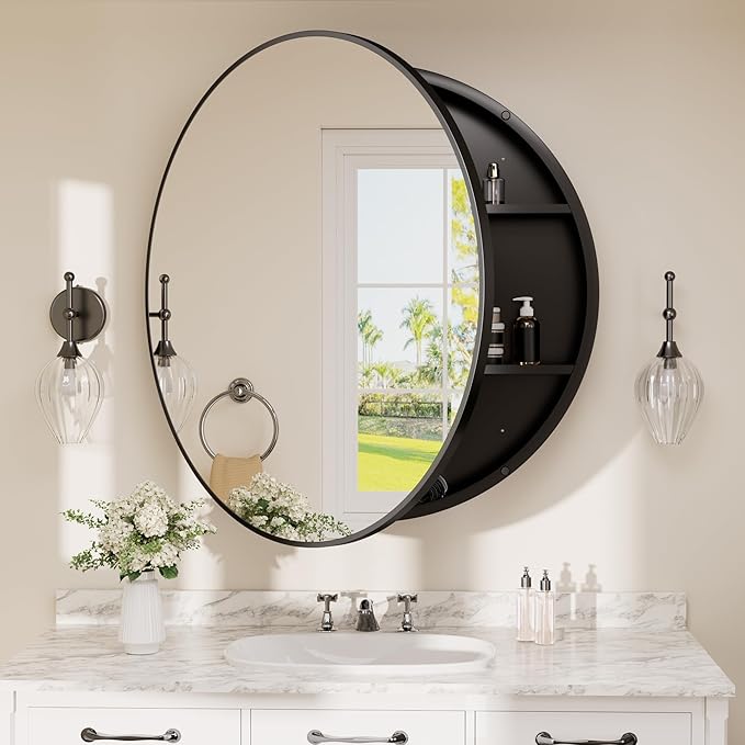 TETOTE Bathroom Mirror Cabinet 30 x 30 Black Round Bathroom Medicine Cabinet with Mirror Adjustable Shelves Farmhouse Wall Mirror with Storage Surface Mounted