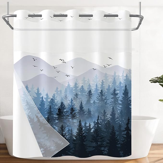 Accnicc No Hook Shower Curtain with Snap in Liner Blue Misty Forest Hookless Shower Curtains for Bathroom Foggy Nature Pine Tree Mountain Woodland Waterproof Fabric Bath Curtain Decor 71×74In