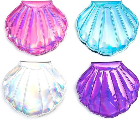 AUEAR, 4 Pack Glitter Shell Mirror Double-Sided Magnification Makeup Mini Portable Foldable Handheld Compact for Purse Handbag Pocket Women Colors