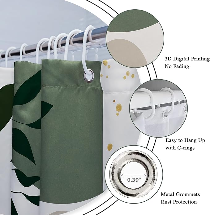 Riyidecor Boho Sage Green 4Pcs Shower Curtain Set with Toilet Lid Cover and Non-Slip Rugs, Mid Century Modern Minimalist Bathroom Decor Set，Abstract Contour and Bath Mat with 12 Hooks