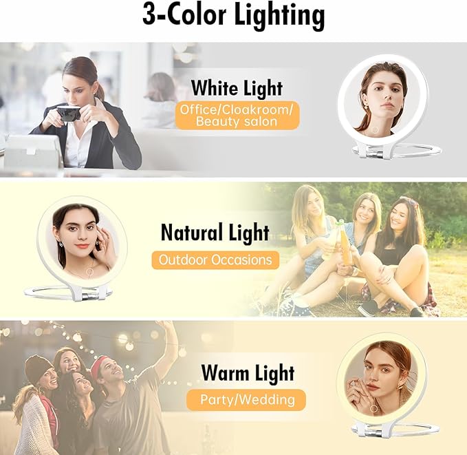 FASCINATE Travel 30X Magnifying Mirror with Light, Lighted Makeup Mirror Double Sided Magnification with 3 Color Setting & Stepless Dimming, Adjustable Rotation Rechargeable LED Vanity Mirror