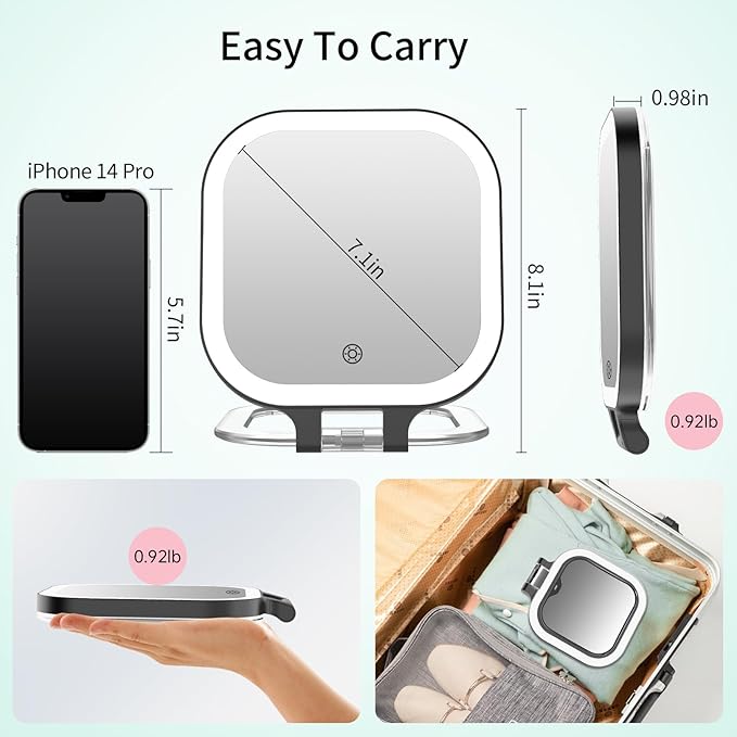 FASCINATE Rechargeable Travel Makeup Mirror 30X Magnification, 7" Lighted Portable Vanity Mirror with 3 Colors Lighting & Stepless Dimming, Double Sided LED Mirror, Gift for Women (Black)