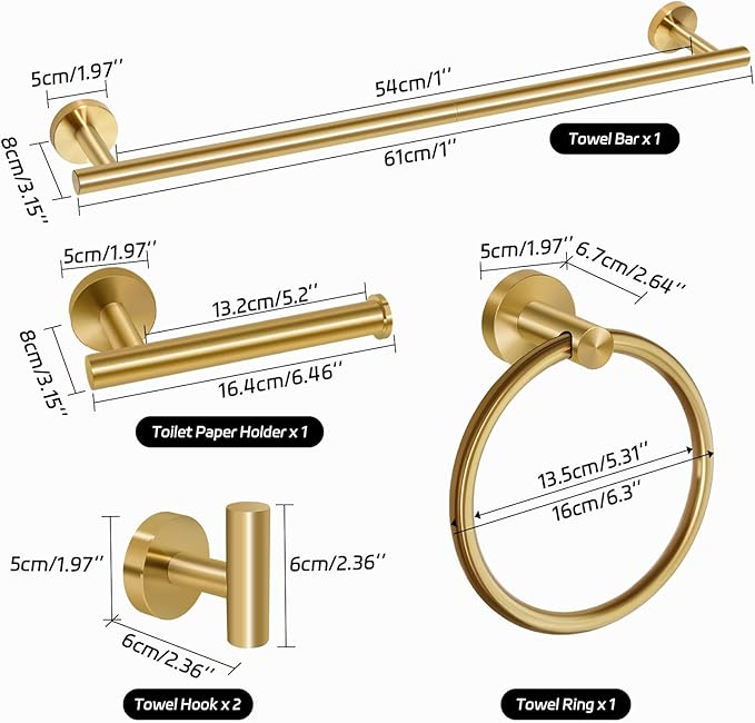 5 Piece Brushed Gold Bathroom Hardware Set with Towel Racks for Bathroom，23.6 Inch Stainless Steel Bath Towel Bar Set Wall Mounted Accessories Kit (Brushed Gold, 5-Pieces Set)