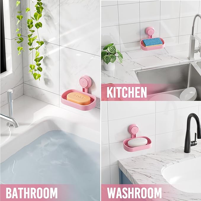 TAILI Soap Holder Soap Dish for Shower, Suction Cup Soap Holder for Shower Wall, Bathroom Accessories, Removable Strong Hold Soap Saver, Drill Free Double Soap Dish, Pink 2 Set