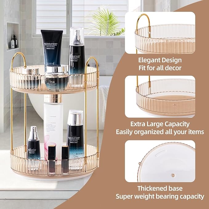 Makeup Organizer for Vanity, 360° Rotating Bathroom Organizer Countertop, High-Capacity Skincare Organizer, Spinning Cosmetics Organizer for Dresser Countertop (2 Tiers, Amber)
