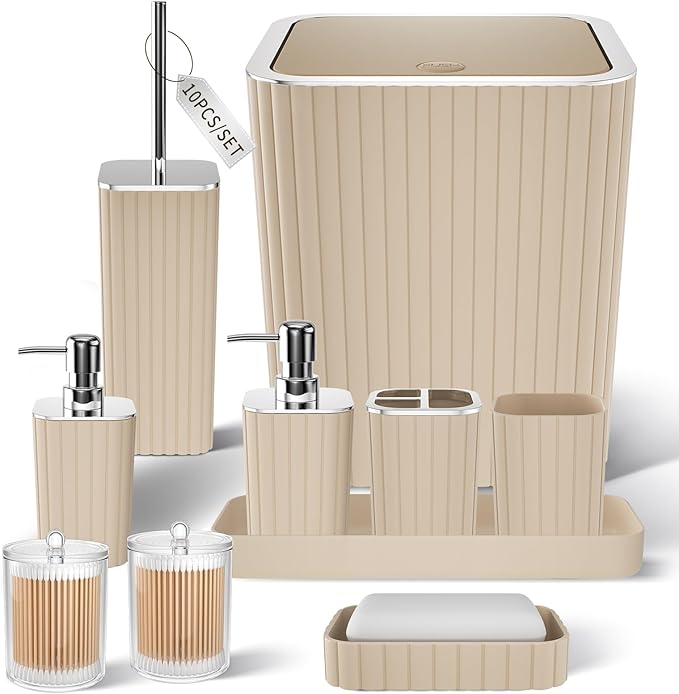 XLHOMO Bathroom Accessories Set - Gorgeous Beige Bathroom Set, 10PC Bathroom Accessory Set, Toilet Brush, Trash Can & Soap Dispenser