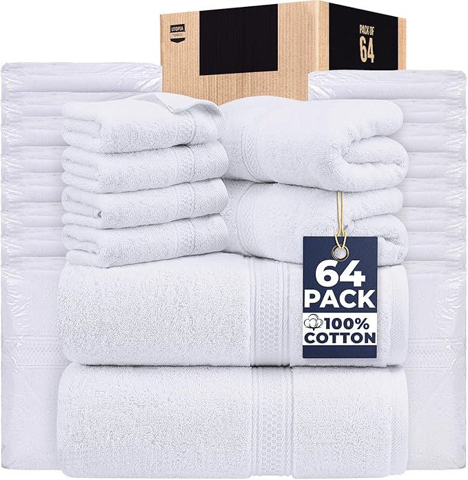 Utopia Towels Set, 16 Bath Towels, 16 Hand Towels, and 32 Washcloths, 600 GSM Ring Spun Cotton Highly Absorbent Towels for Bathroom, Shower Towel, (Pack of 64) (White)