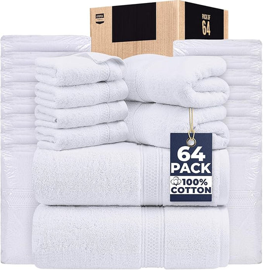 Utopia Towels Set, 16 Bath Towels, 16 Hand Towels, and 32 Washcloths, 600 GSM Ring Spun Cotton Highly Absorbent Towels for Bathroom, Shower Towel, (Pack of 64) (White)