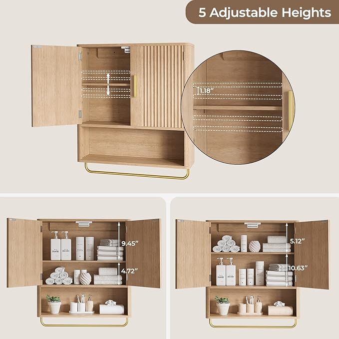 Memobarco Bathroom Cabinet Wall Mount with Fluted Door Panel & Adjustable Shelf, Medicine Cabinet with Open Partition and Towel Bar, Wall Storage Cabinet for Laundry Room & Kitchen (Natural Oak)