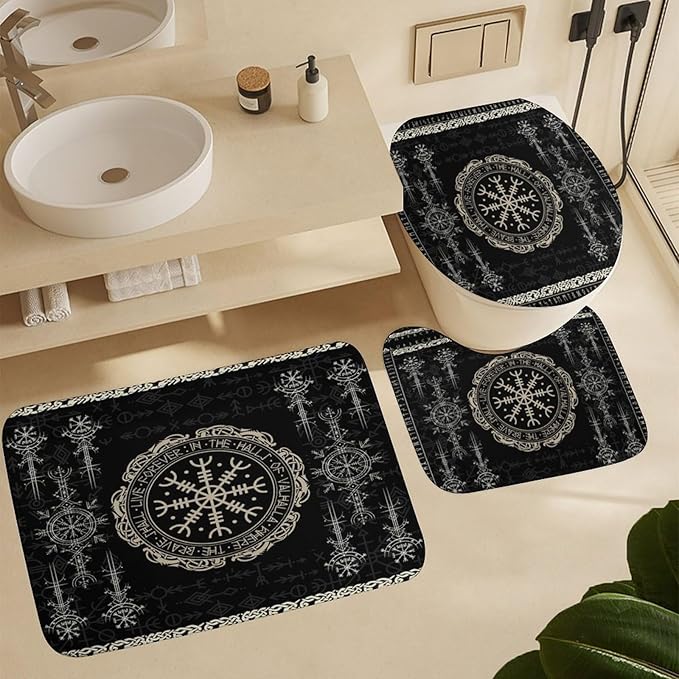 Brebasf Norse Vikings Print 4 Pcs Shower Curtain Bathroom Set Black Viking Magical Retro Compass Norse Mystical Symbol Shower Mat Shower Curtain with Rug 12 Hooks,72" W x 72" L