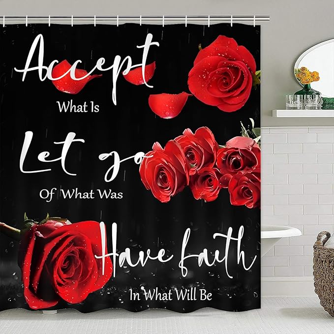 Yddsky 4 Pcs Red Rose Shower Curtain Sets with Rugs Black Blessed Bathroom Sets with Shower Curtain and Rugs Bathroom Curtains Shower Set with Toilet Lid Cover for Women Bathroom Decor Accessories