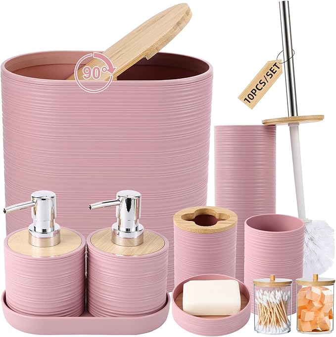 XLHOMO Pink Bathroom Set, Pink Bathroom Accessories Set with Trash Can, 2PCS Soap Dispensers, Soap Dish, Toothbrush Holder, Toothbrush Cup,Toilet Brush, Tray and Qtip Holders for Bathroom Decor
