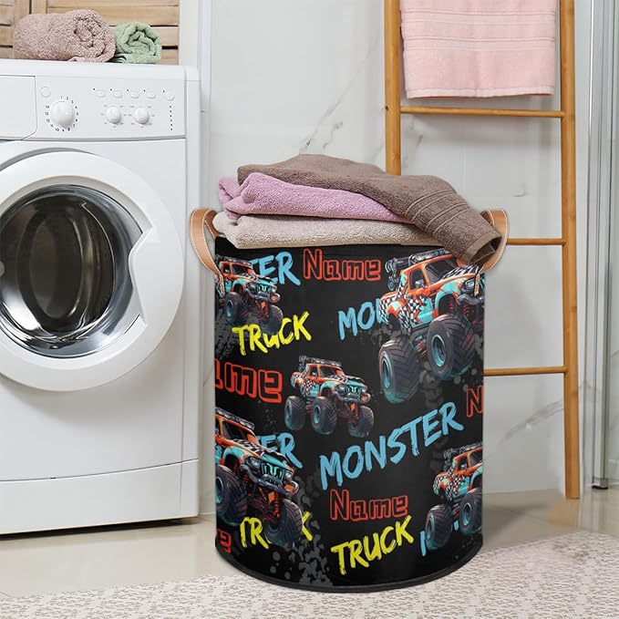 Custom Monster Truck Car Laundry Hamper, Personalized Laundry Baskets with Handles Dirty Clothes Hamper Storage Basket