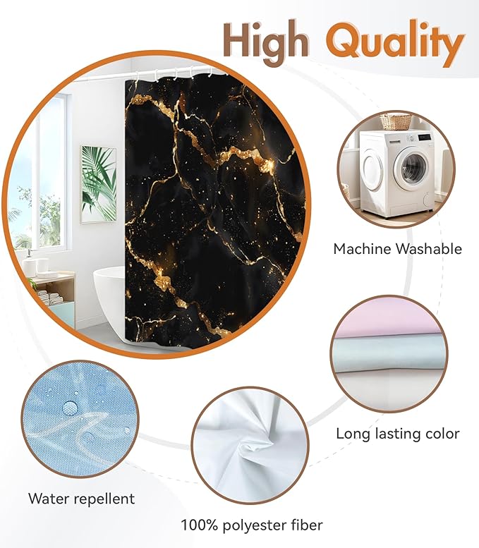 MAMUSE Shower Curtain for Bathroom - Cute Aesthetic Decorative Modern Girly Unique Girls Design Pretty Women Waterproof Fabric Cloth Cortinas de Baño Bathtub 72 x 72 Inch, Black Marble