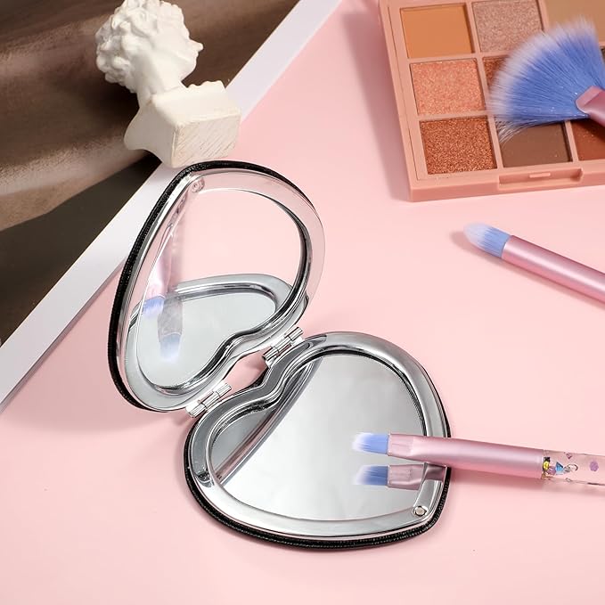 Qianyu Compact Folding Heart Shaped Double-Sided 1X/2X Magnifying Mini Glitter Makeup Mirror with PU Leather for Women Home, Office and Travel (Silver)
