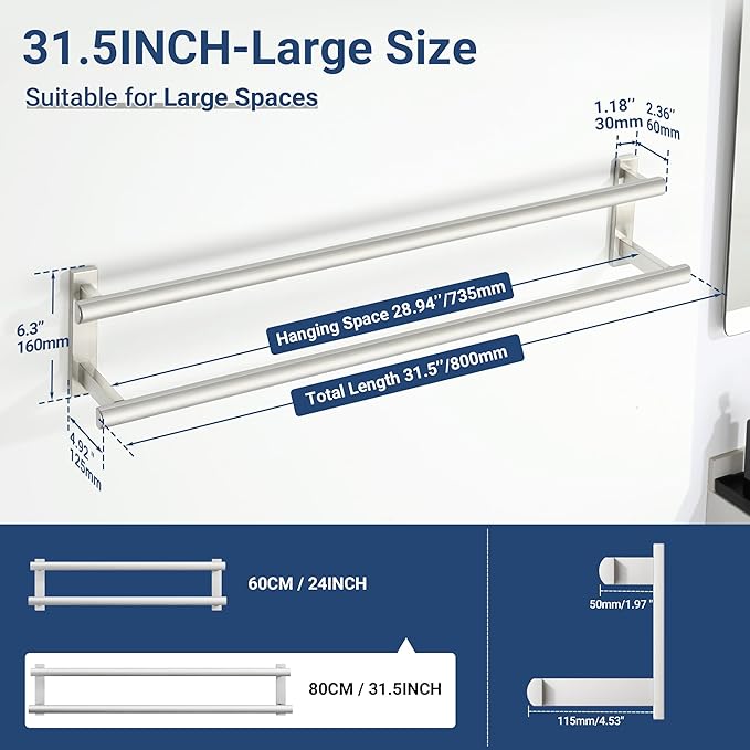 SAYAYO Double Towel Bar for Bathroom, 31.5 Inch Brushed Nickel Bath Towel Rack Towel Holder Wall Mounted, SUS304 Stainless Steel