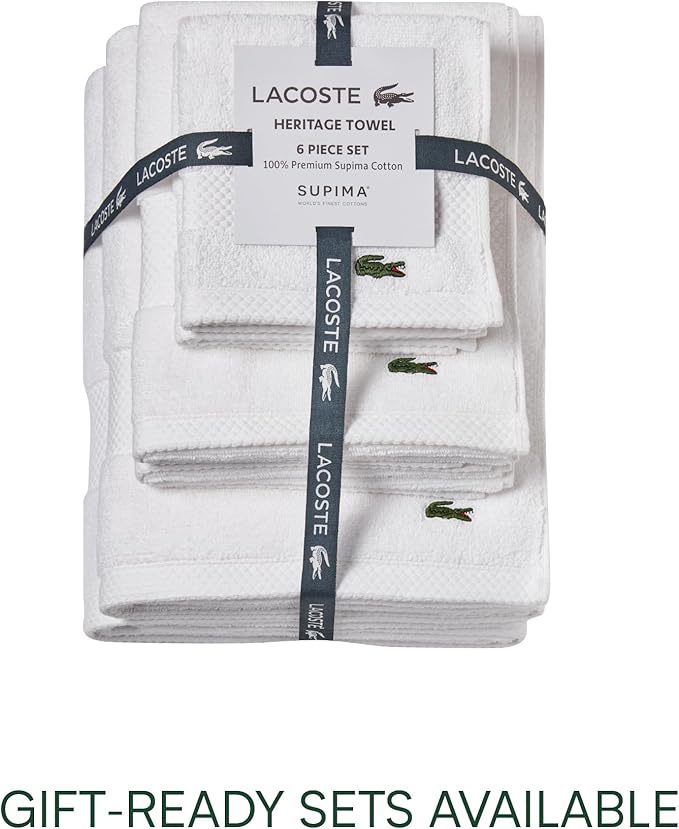 Lacoste Heritage 100% Supima Cotton Wash Cloth, White, 13" x 13" – Highly Absorbent & Quick Drying, Premium Super Soft Bath Towel, Bathroom Essential, Gift for All Occasions, Machine Washable